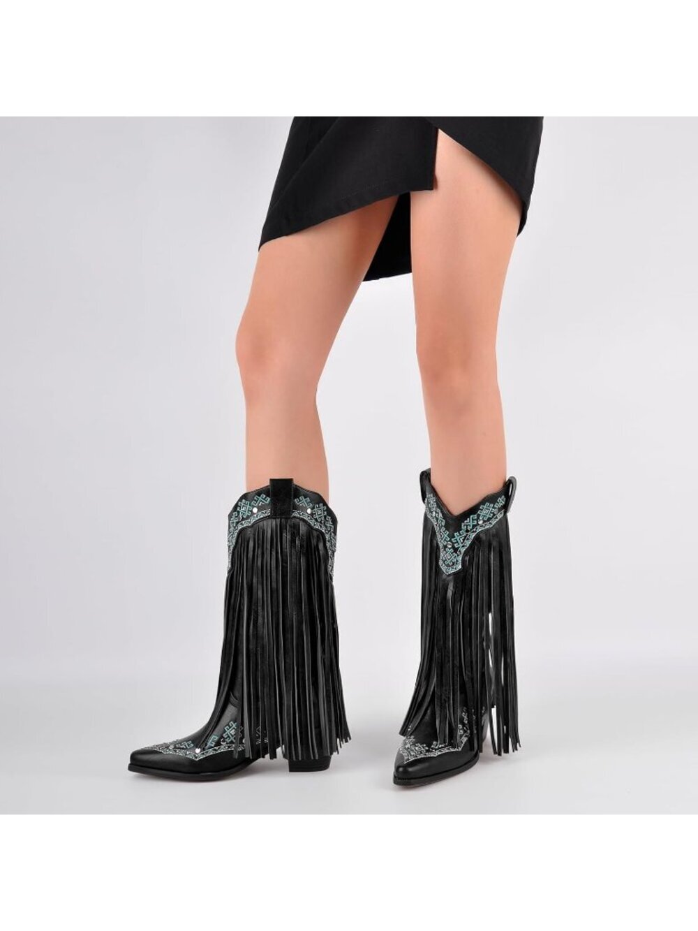 Women's Black Fringe Mid Calf Boots with Rivets Embroidered - Picture 3 of 6